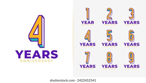 Set of anniversary logo design. Number symbol with creative and fun concept for birthday event, card invitation, party, and etc. Celebration vector icon