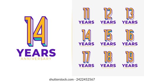 Set of anniversary logo design. Number symbol with creative and fun concept for birthday event, card invitation, party, and etc. Celebration vector icon