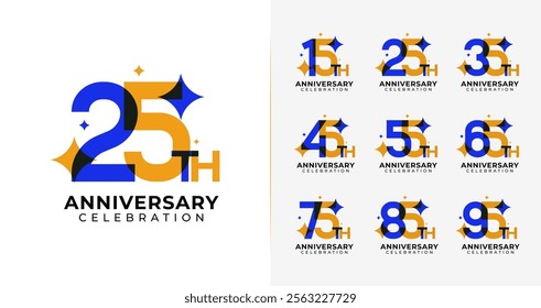 Set of anniversary logo design. Number symbol with star and colorful concept. Abstract birthday icon