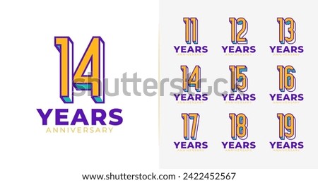 Set of anniversary logo design. Number symbol with creative and fun concept for birthday event, card invitation, party, and etc. Celebration vector icon