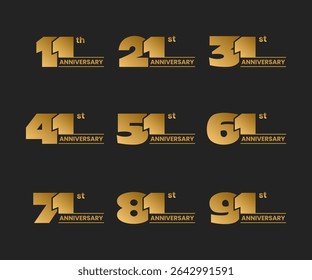 Set of anniversary logo design on black. From 11 to 91. Stock vector illustration for celebration event, greeting card, invitation etc. 