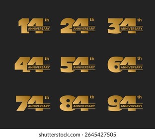 Set of anniversary logo design on black. From 14 to 94. Stock vector illustration for celebration event, greeting card, invitation etc. 