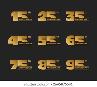 Set of anniversary logo design on black. From 15 to 95. Stock vector illustration for celebration event, greeting card, invitation etc. 