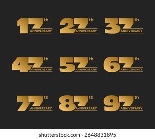 Set of anniversary logo design on black. From 17 to 97. Stock vector illustration for celebration event, greeting card, invitation etc. 