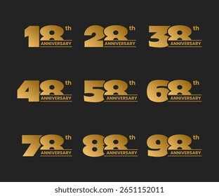 Conjunto de diseño de logotipo de aniversario en negro. De 18 a 98. Ilustración vectorial de stock para el evento de celebración, tarjeta de felicitación, invitación, etc. 