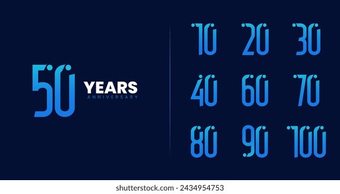 Set of anniversary logo design. Symbol with tech concept for birthday event or ceremony. 10, 20, 30, 40, 50, 60, 70, 80, 90, 100, Years technology icon