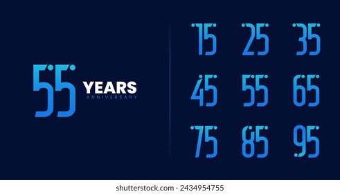 Set of anniversary logo design. Symbol with tech concept for birthday event or ceremony. 15, 25, 35, 45, 55, 65, 75, 85, 95, Years technology icon svg