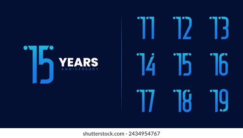 Set of anniversary logo design. Symbol with tech concept for birthday event or ceremony. 11, 12, 13, 14, 15, 16, 17, 18, 19, Years technology icon