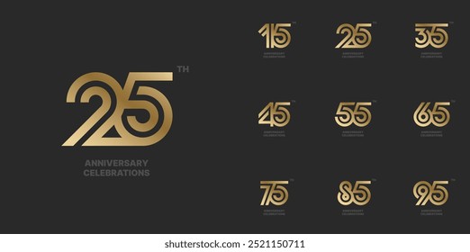 Conjunto de diseño de logotipo de aniversario. Símbolos de celebración 15, 25, 35, 45, 55, 65, 75, 85, 95 años.