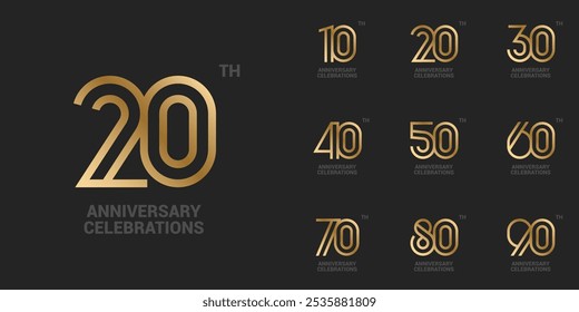 Set of anniversary logo design. Symbols of celebration 10, 20, 30, 40, 50, 60, 70, 80, 90 years. Numbers on a black background.