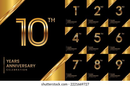 Set of Anniversary logo designs, Anniversary Logo with golden text for celebration events, invitation, greeting, web template, flyer, vector illustration