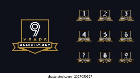 Set of anniversary logo with elegant style. 1, 2, 3, 4, 5, 6, 7, 8, 9, birthday symbol collections. Celebration vector template