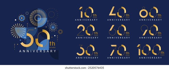 Set of anniversary logo for every decade with template for anniversary 50 years.Card with golden fireworks and numbers.Design for web,poster,banner,flyer,party,wedding,greeting card,invitation.Vector