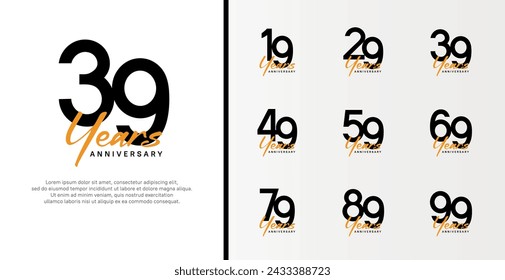 conjunto de logotipo de aniversario número de color negro plano y texto naranja sobre fondo blanco para la celebración