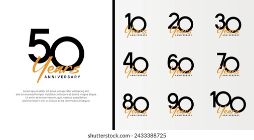 conjunto de logotipo de aniversario número de color negro plano y texto naranja sobre fondo blanco para la celebración