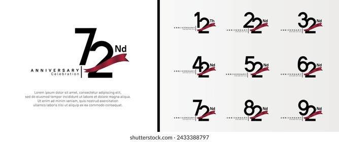 conjunto de logotipo de aniversario número de color negro plano y cinta roja sobre fondo blanco para la celebración