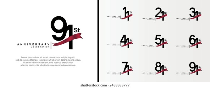 set of anniversary logo flat black color number and red ribbon on white background for celebration