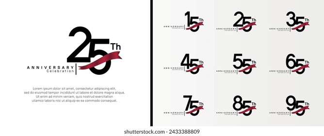 set of anniversary logo flat black color number and red ribbon on white background for celebration