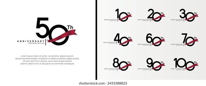set of anniversary logo flat black color number and red ribbon on white background for celebration