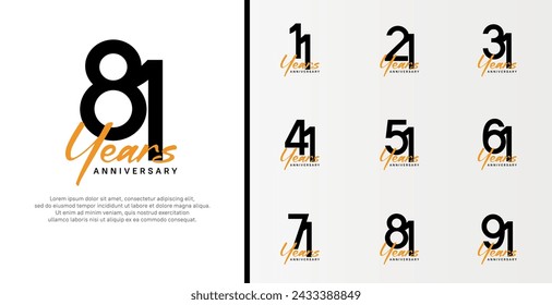 set of anniversary logo flat black color number and orange text on white background for celebration