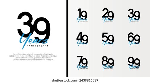 conjunto de logotipo de aniversario número de color negro plano y texto azul sobre fondo blanco para la celebración