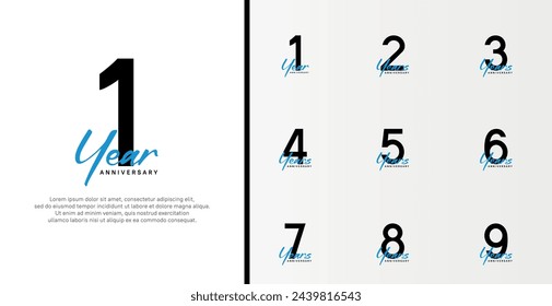 set of anniversary logo flat black color number and blue text on white background for celebration
