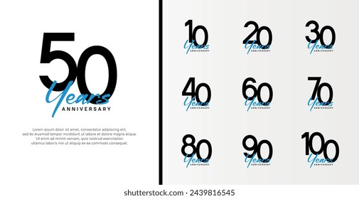 set of anniversary logo flat black color number and blue text on white background for celebration