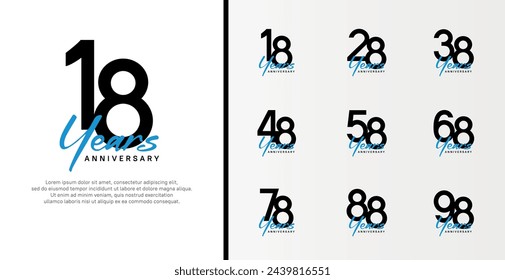 set of anniversary logo flat black color number and blue text on white background for celebration