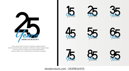 set of anniversary logo flat black color number and blue text on white background for celebration