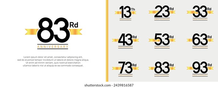 conjunto de logotipo de aniversario número de color negro plano y cinta amarilla en el fondo blanco para la celebración