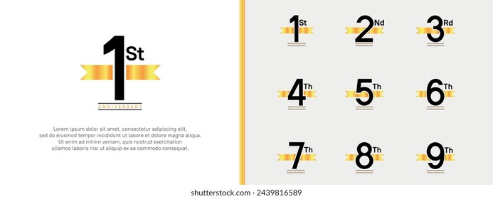 set of anniversary logo flat black color number and yellow ribbon on white background for celebration