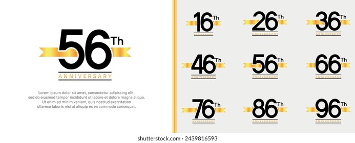 set of anniversary logo flat black color number and yellow ribbon on white background for celebration