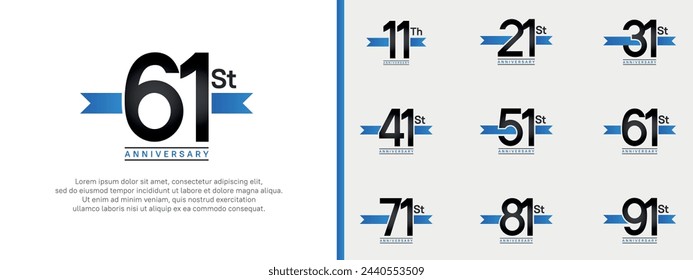 set of anniversary logo flat black color number and blue ribbon on white background for celebration
