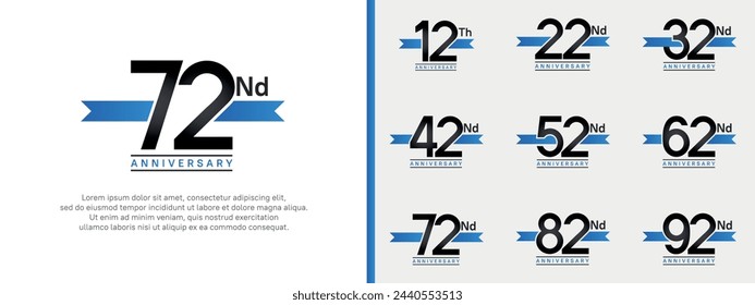 set of anniversary logo flat black color number and blue ribbon on white background for celebration
