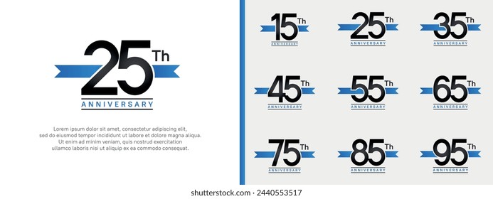 conjunto de logotipo de aniversario número de color negro plano y cinta azul en el fondo blanco para la celebración