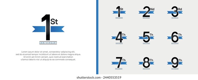 set of anniversary logo flat black color number and blue ribbon on white background for celebration