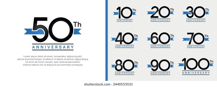 conjunto de logotipo de aniversario número de color negro plano y cinta azul en el fondo blanco para la celebración