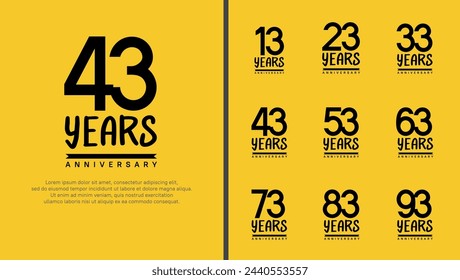 conjunto de logotipo de aniversario número de color negro plano sobre fondo amarillo para la celebración