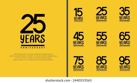set of anniversary logo flat black color number on yellow background for celebration