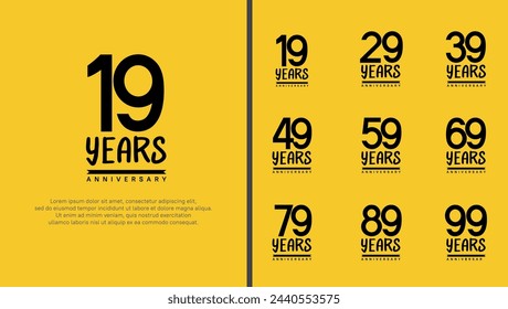 conjunto de logotipo de aniversario número de color negro plano sobre fondo amarillo para la celebración