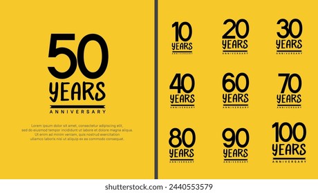 set of anniversary logo flat black color number on yellow background for celebration