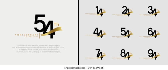 conjunto de logotipo de aniversario número de color negro plano y cinta de oro sobre fondo blanco para la celebración