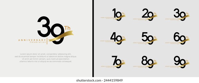 conjunto de logotipo de aniversario número de color negro plano y cinta de oro sobre fondo blanco para la celebración