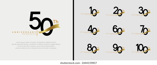 set of anniversary logo flat black color number and golden ribbon on white background for celebration