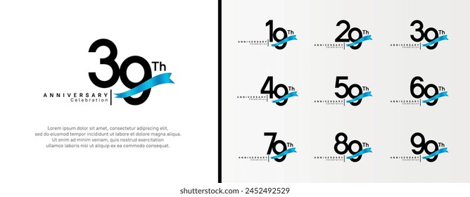 conjunto de logotipo de aniversario número de color negro plano y cinta azul en el fondo blanco para la celebración