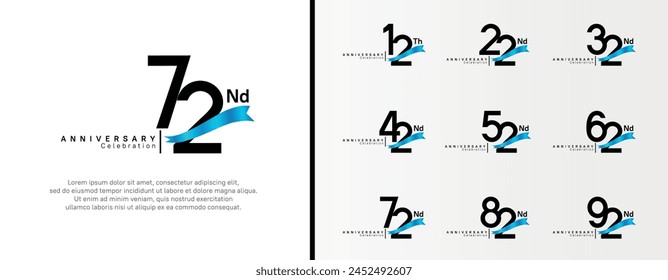 conjunto de logotipo de aniversario número de color negro plano y cinta azul en el fondo blanco para la celebración