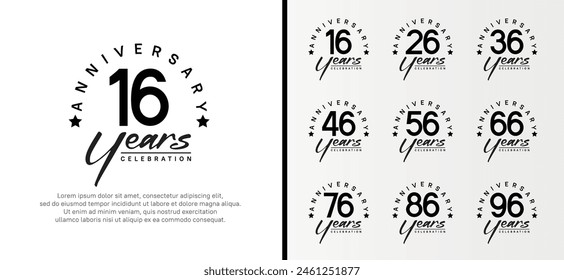 conjunto de logotipo de aniversario número de color negro plano y texto negro sobre fondo blanco para la celebración