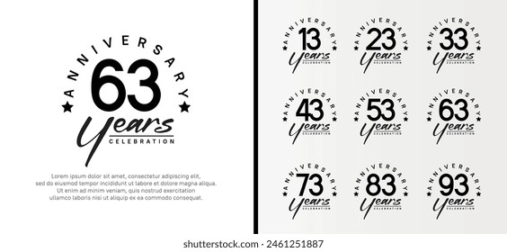 conjunto de logotipo de aniversario número de color negro plano y texto negro sobre fondo blanco para la celebración