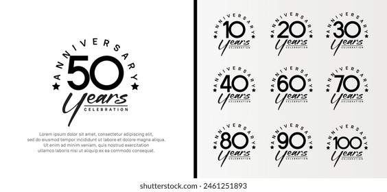 set of anniversary logo flat black color number and black text on white background for celebration