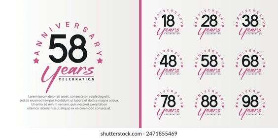 set of anniversary logo flat black color number and purple text on white background for celebration